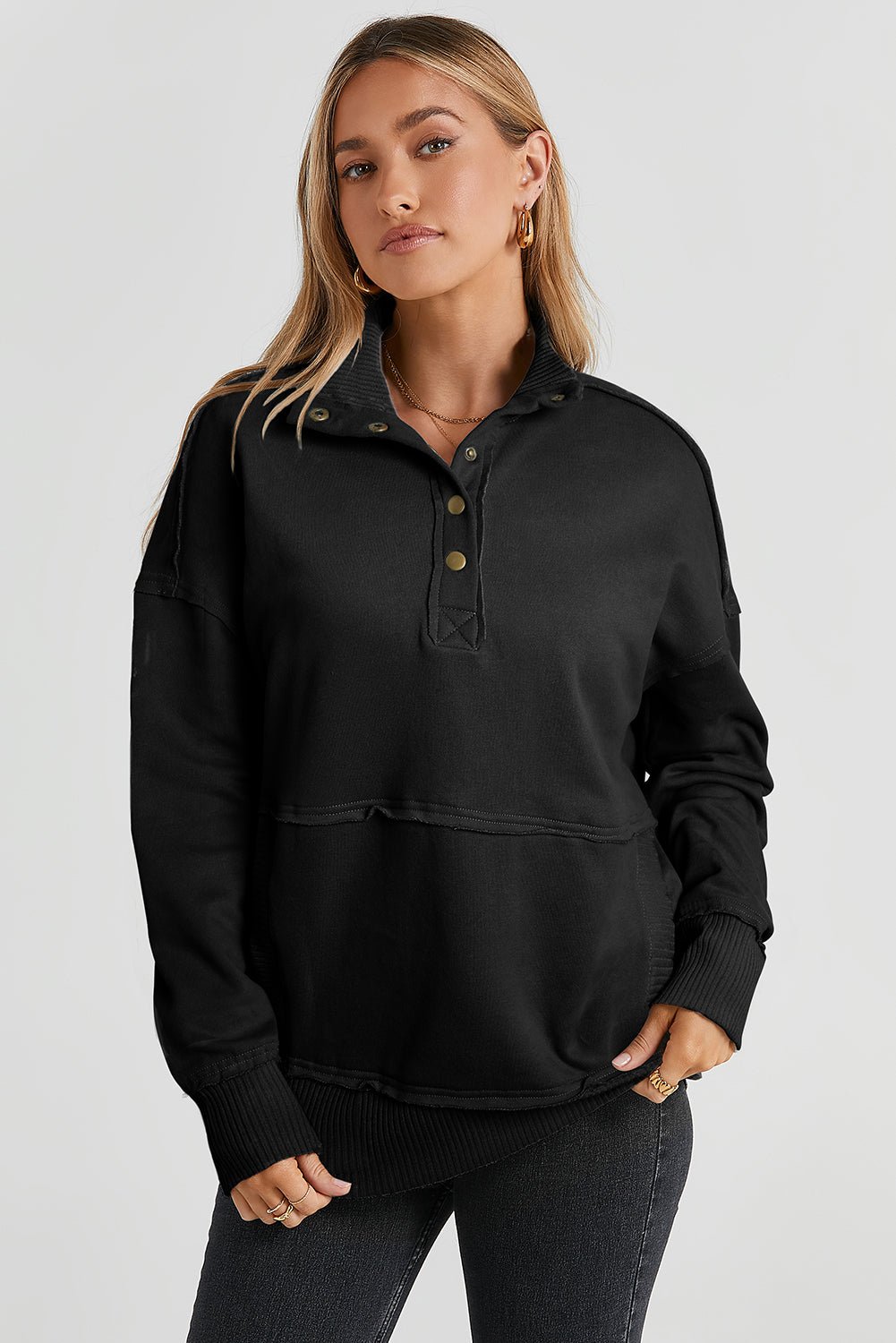 Half Sanp Drop Shoulder Long Sleeve Sweatshirt - GemThreads Boutique