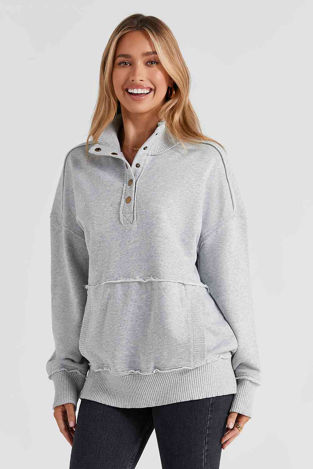 Half Sanp Drop Shoulder Long Sleeve Sweatshirt - GemThreads Boutique
