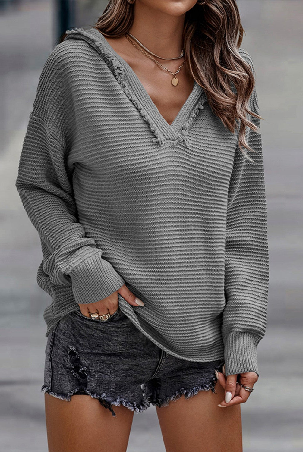 Horizontal Ribbing Hooded Sweater - GemThreads Boutique