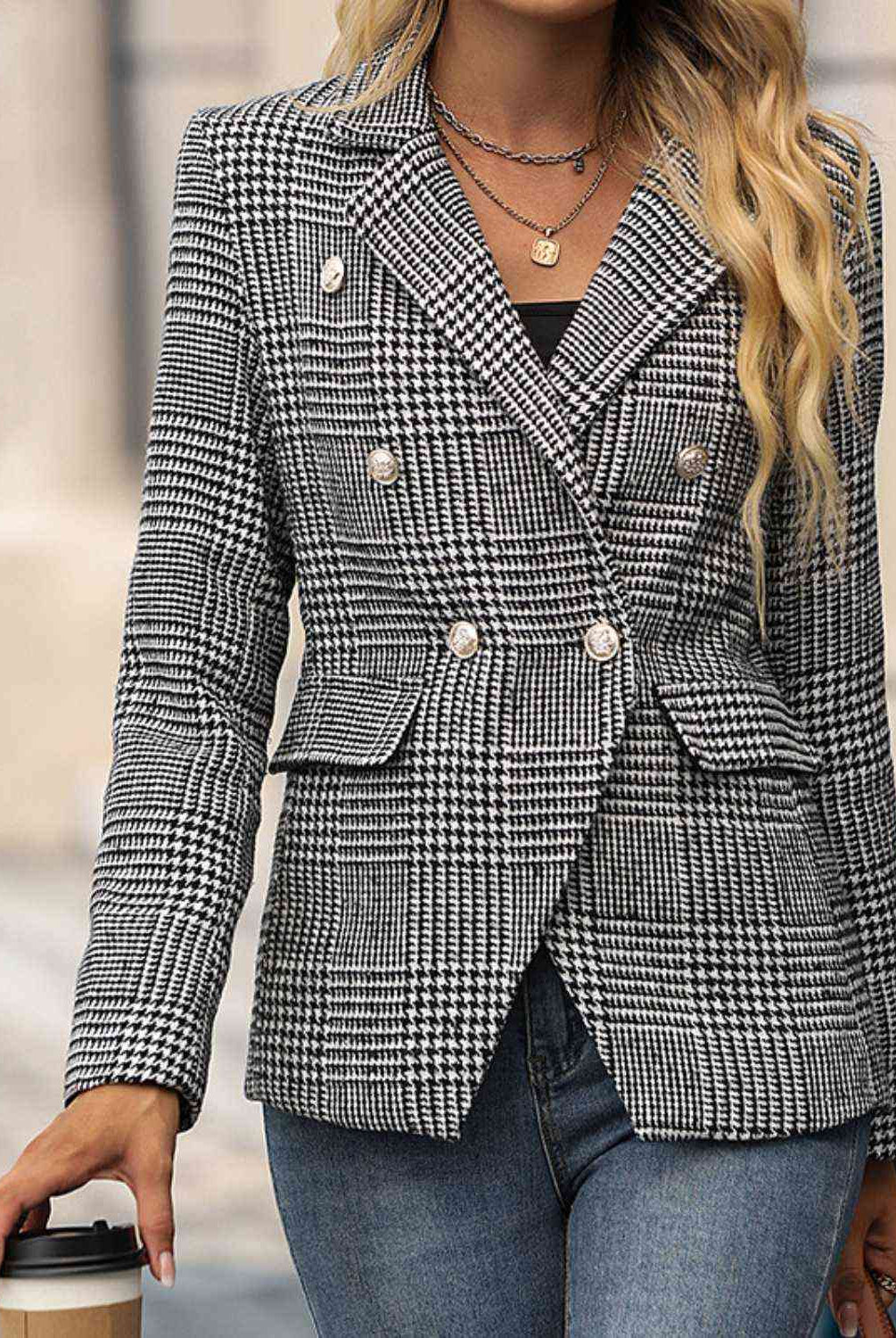 Houndstooth Buttoned Long Sleeve Blazer - GemThreads Boutique