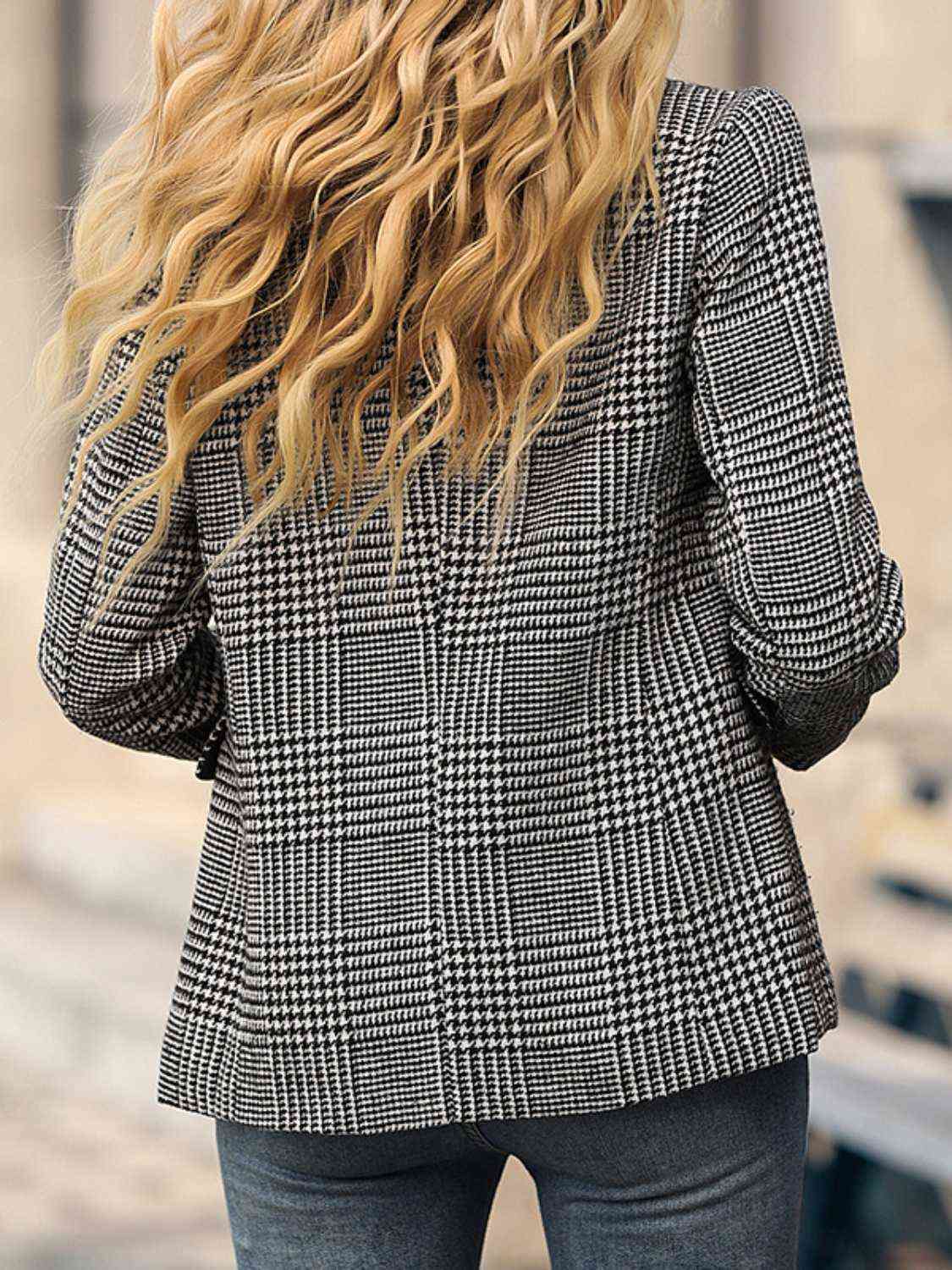 Houndstooth Buttoned Long Sleeve Blazer - GemThreads Boutique