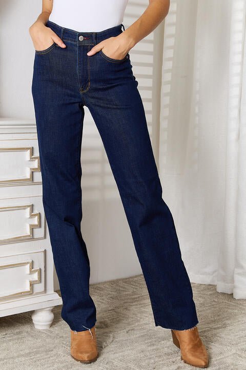 Judy Blue Full Size Raw Hem Straight Leg Jeans with Pockets - GemThreads Boutique