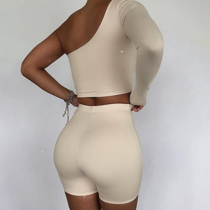 Kliou Solid Asymmetrical Two Piece Sets Women Tracksuit Crop Tops Elastic Bike Shorts Sporty Matching Suits Casual Female Outfit - GemThreads Boutique