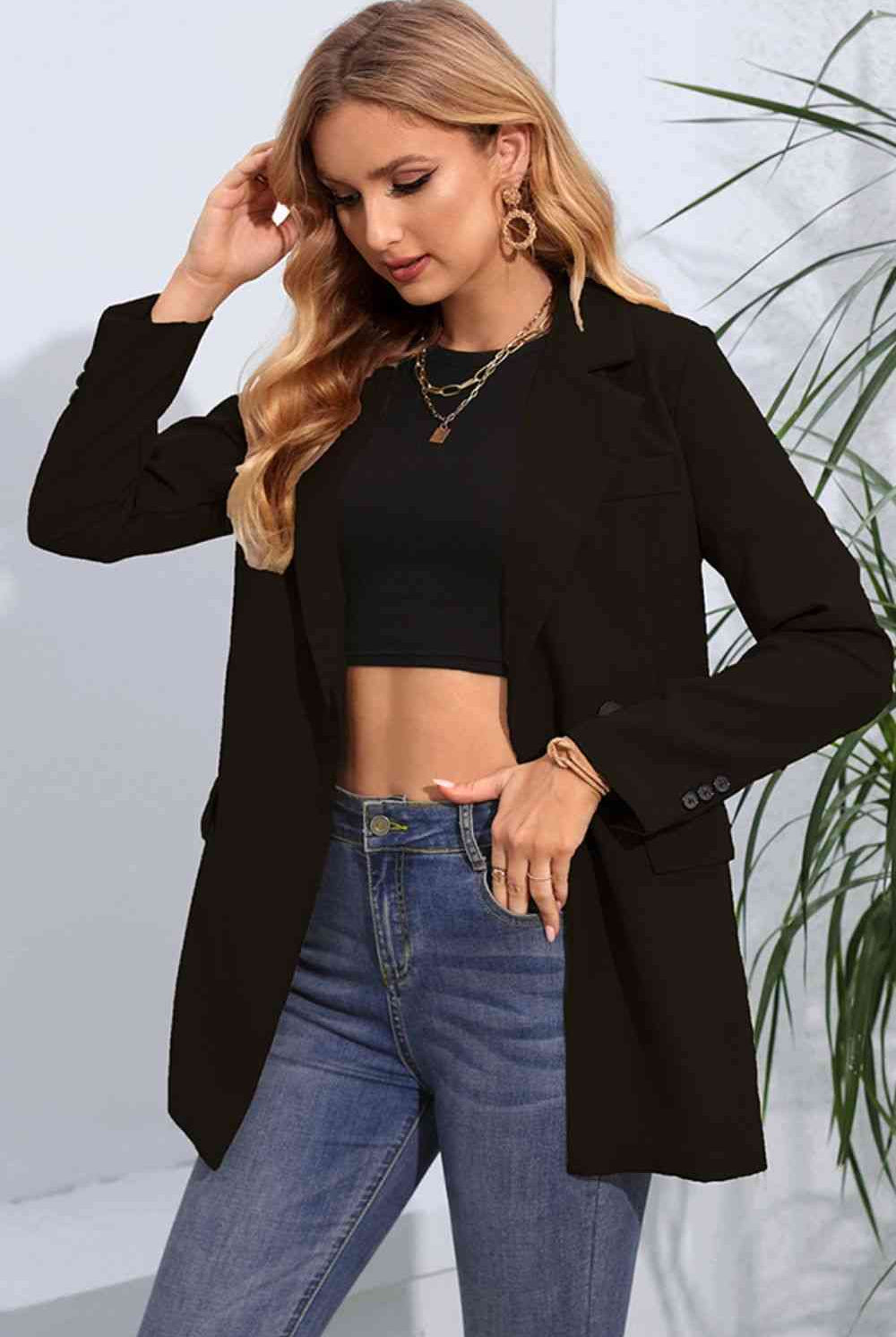 Lapel Neck Long Sleeve Blazer with Pockets - GemThreads Boutique