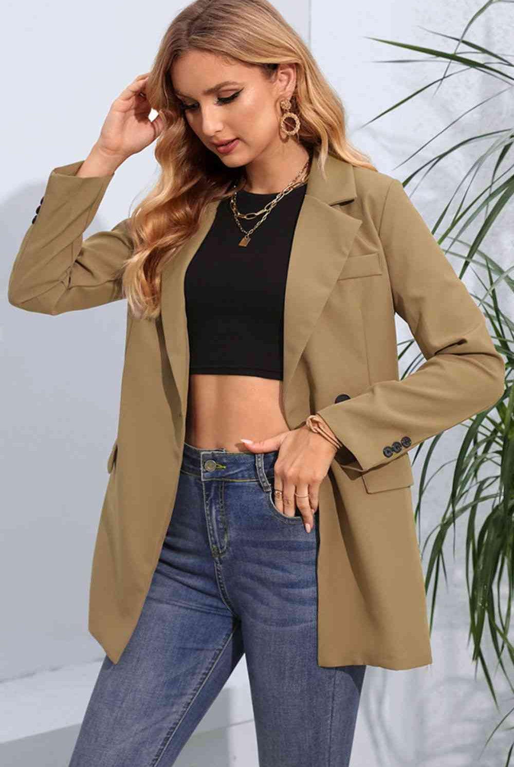 Lapel Neck Long Sleeve Blazer with Pockets - GemThreads Boutique