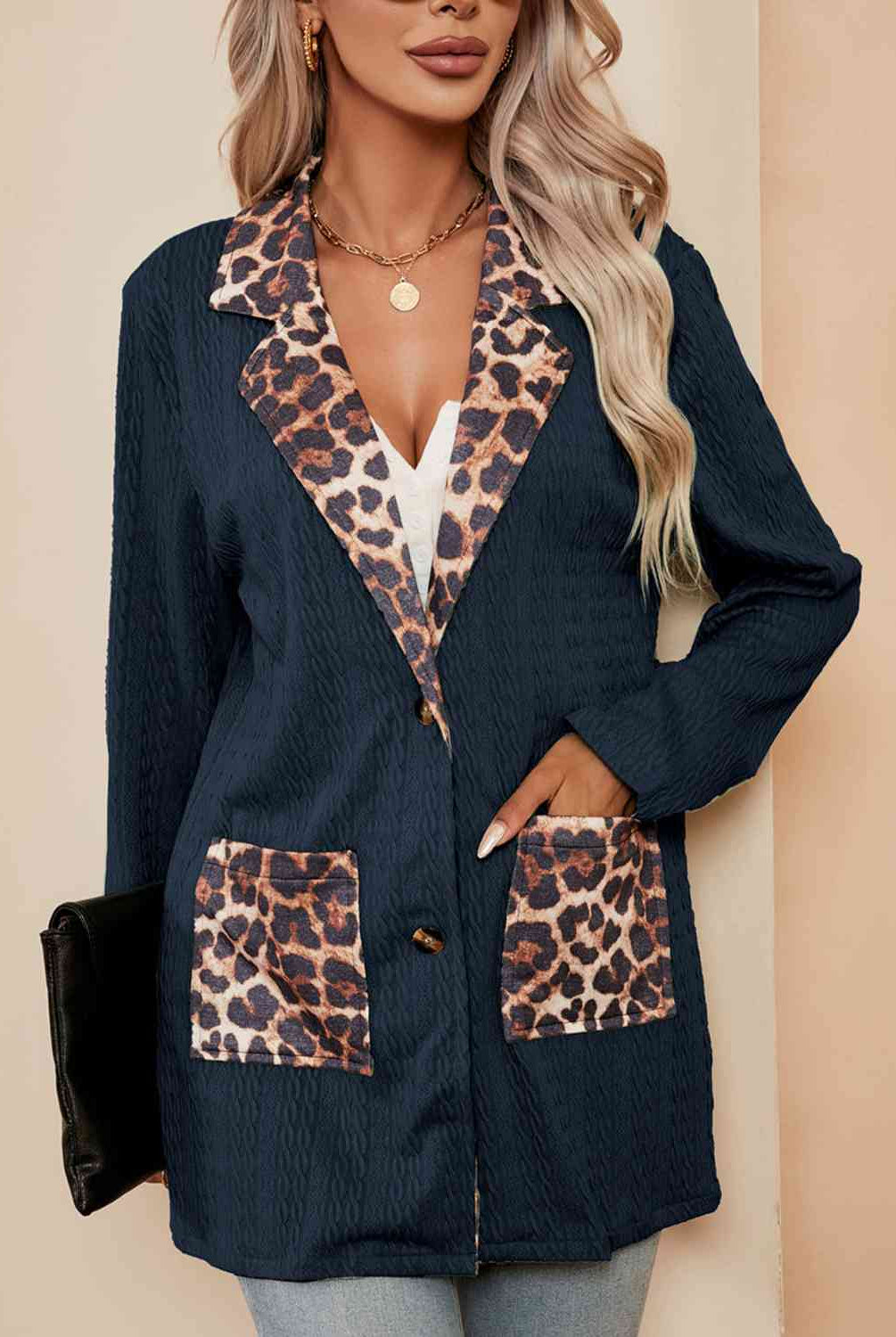 Leopard Buttoned Lapel Collar Blazer with Pockets - GemThreads Boutique