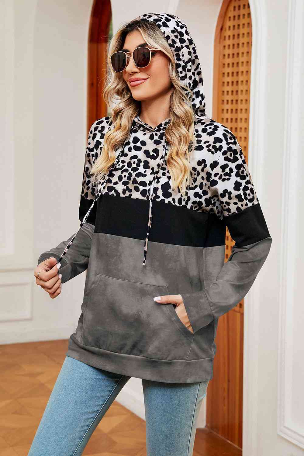 Leopard Drawstring Hoodie with Pocket - GemThreads Boutique