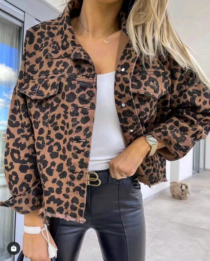 Leopard Raw Hem Denim Jacket - GemThreads Boutique