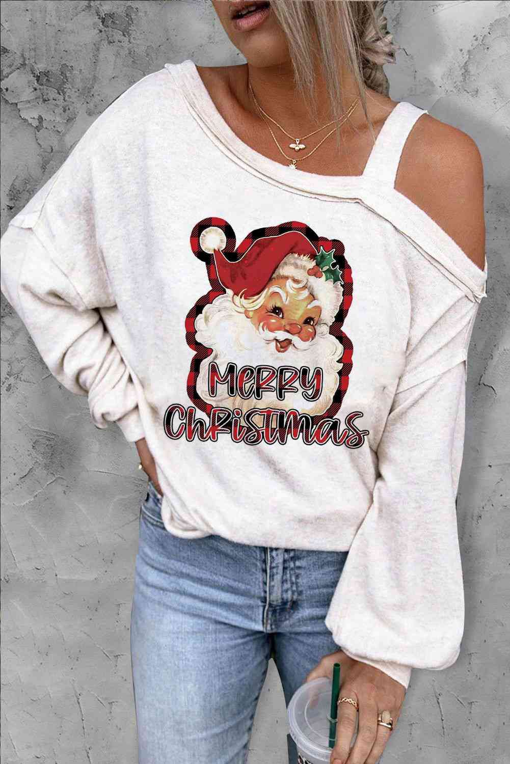 MERRY CHRISTMAS Graphic Asymmetrical Neck Top - GemThreads Boutique