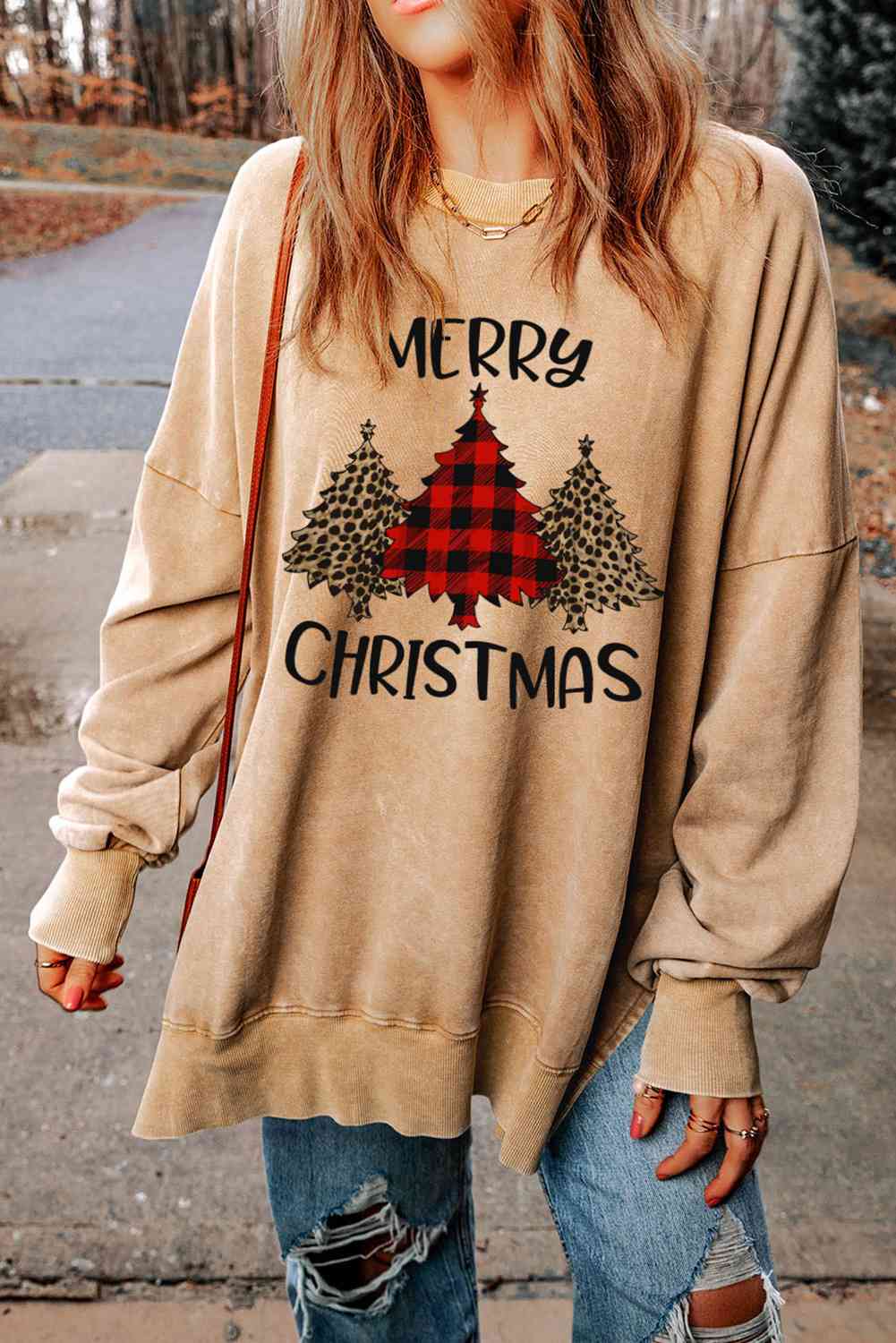 MERRY CHRISTMAS Graphic Slit Drop Shoulder Sweatshirt - GemThreads Boutique