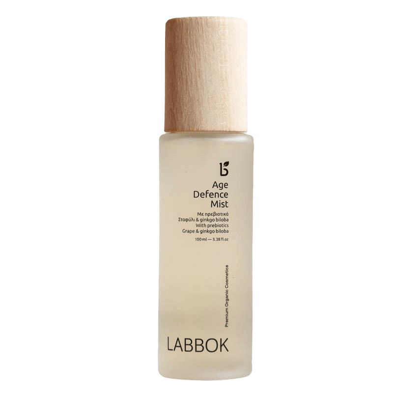 Product image of Labbok Age defense Mist, a 100ml facial skincare product in a sleek, translucent bottle with a wooden cap.