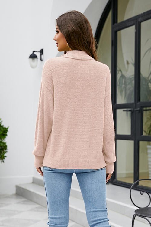 Mock Neck Dropped Shoulder Long Sleeve Sweater - GemThreads Boutique