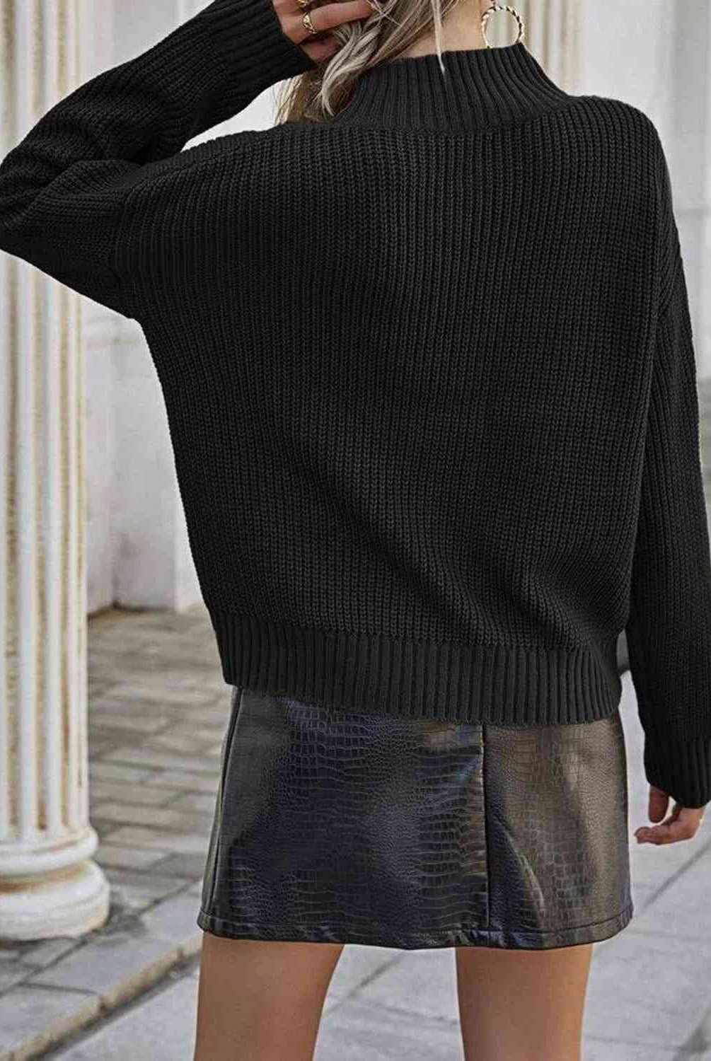 Mock Neck Dropped Shoulder Sweater - GemThreads Boutique