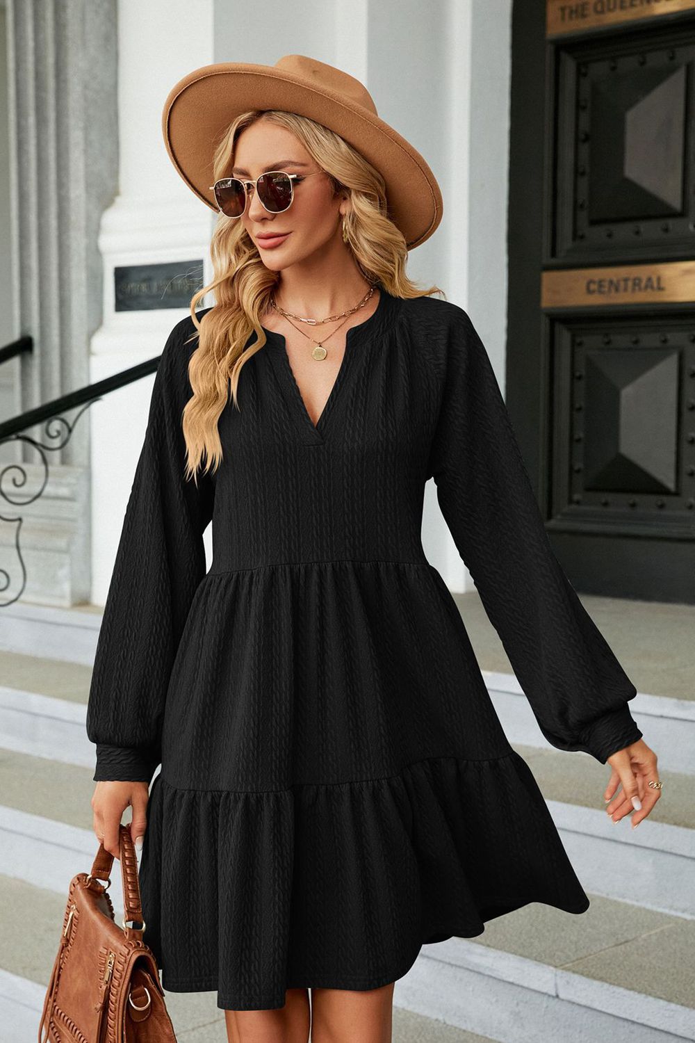 Notched Neck Long Sleeve Mini Dress - GemThreads Boutique