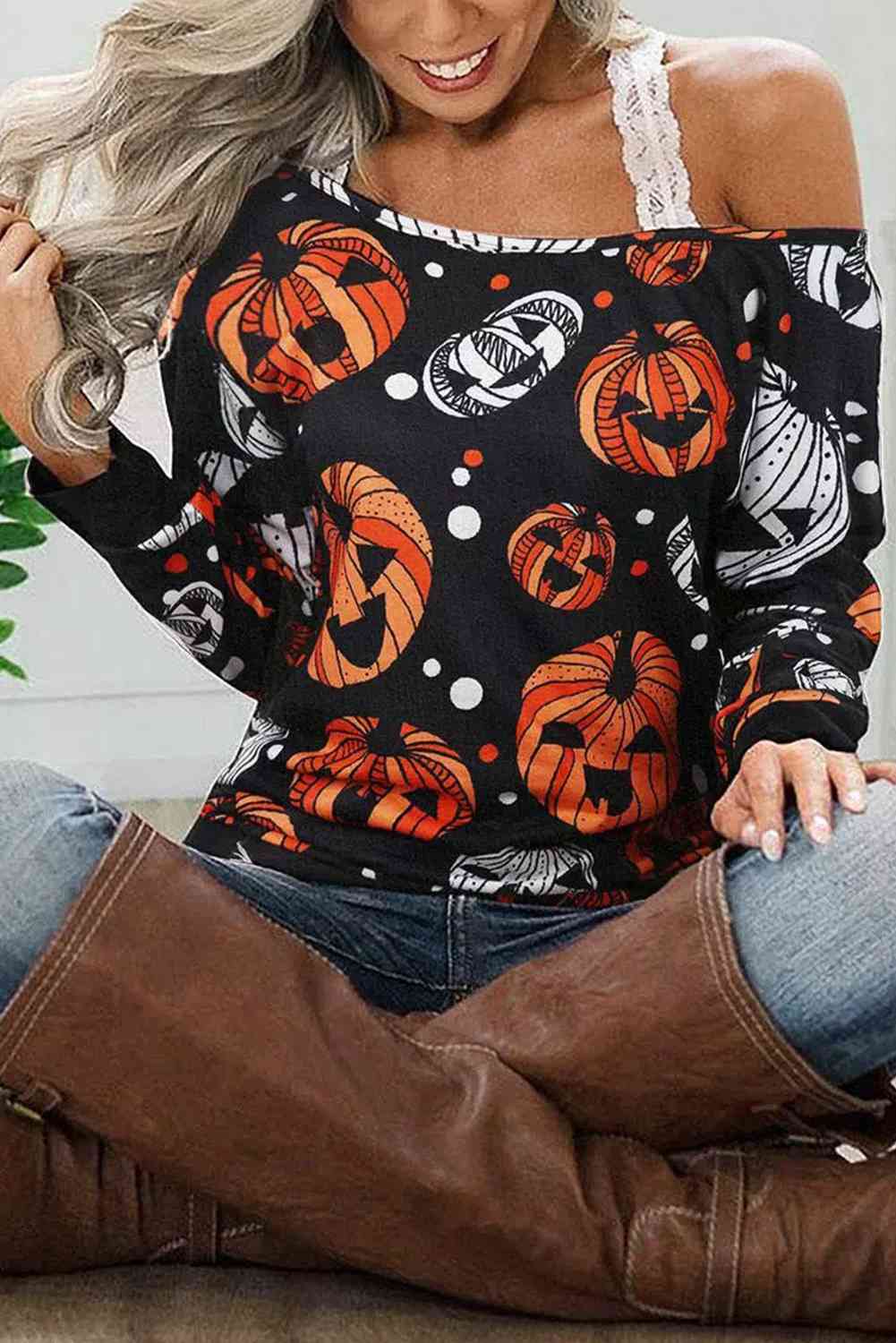 One Shoulder Jack-O'-Lantern Graphic Sweatshirt - GemThreads Boutique