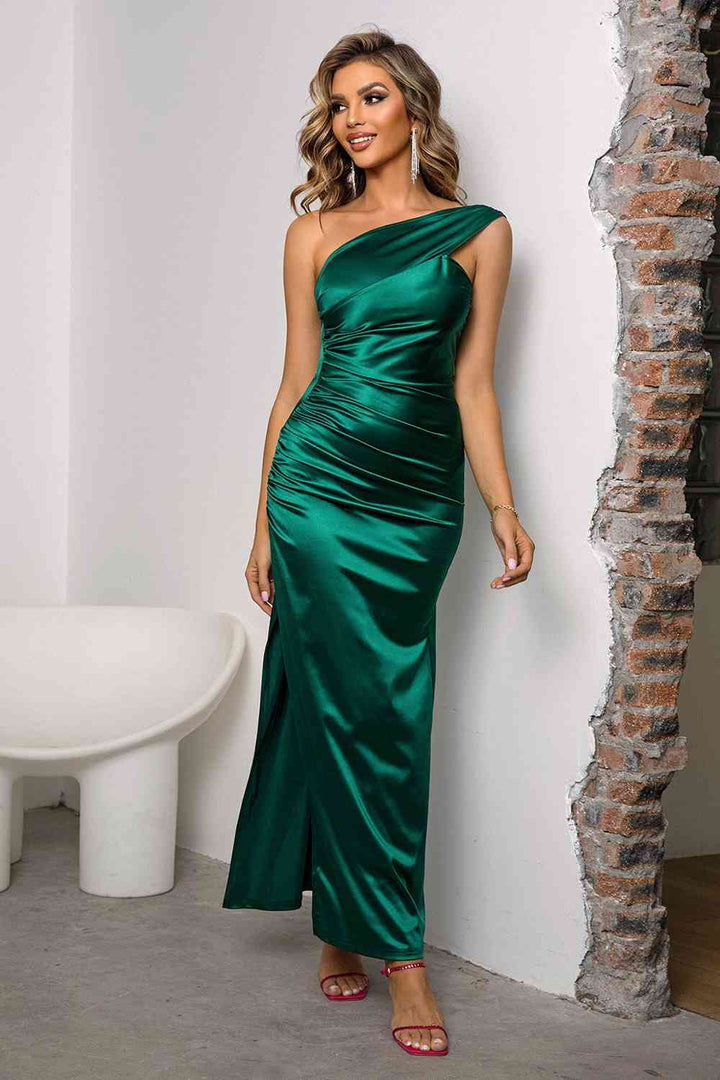 One-Shoulder Ruched Slit Maxi Dress - GemThreads Boutique
