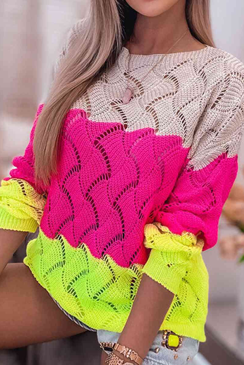 Openwork Color Block Pullover Sweater - GemThreads Boutique