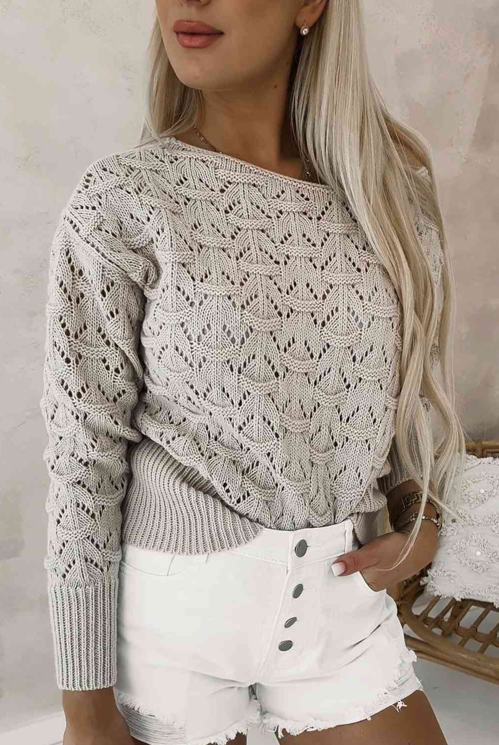Openwork Plain Pullover Sweater - GemThreads Boutique