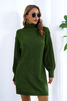 Openwork Turtleneck Long Sleeve Sweater Dress - GemThreads Boutique