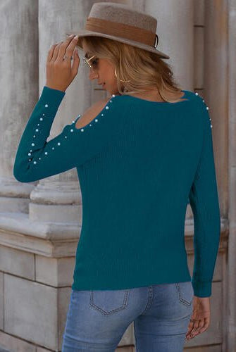 Pearl Patchwork Cold Shoulder Sweater - GemThreads Boutique