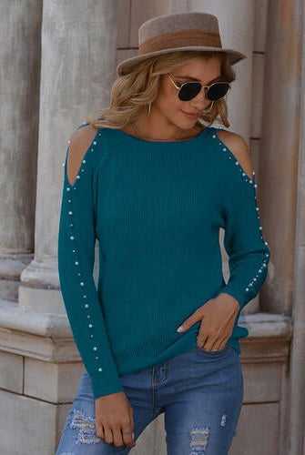 Pearl Patchwork Cold Shoulder Sweater - GemThreads Boutique