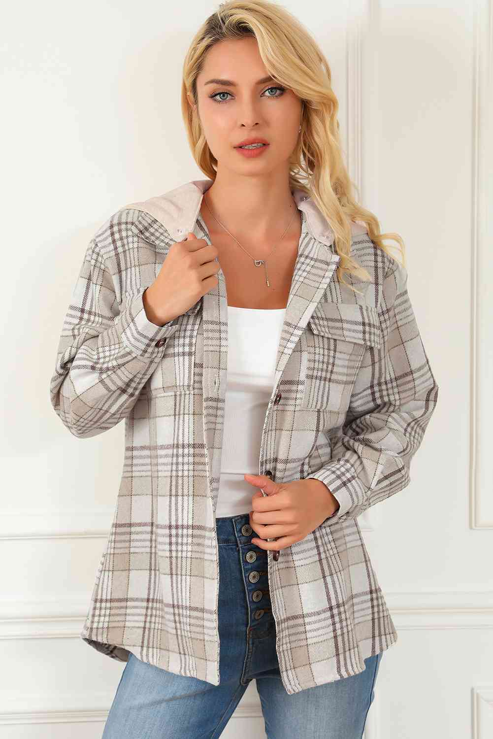 Plaid Button Down Hooded Jacket - GemThreads Boutique