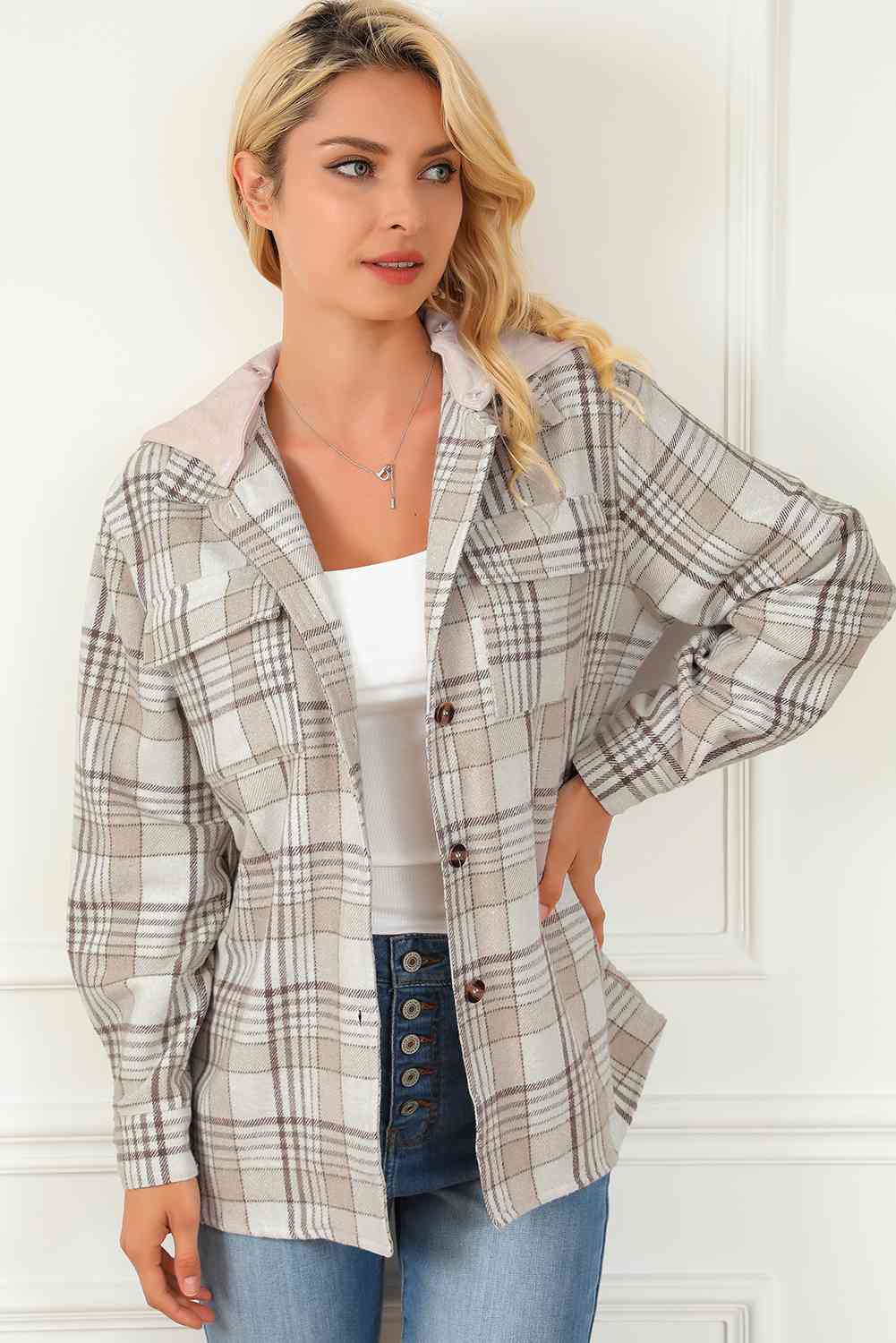 Plaid Button Down Hooded Jacket - GemThreads Boutique