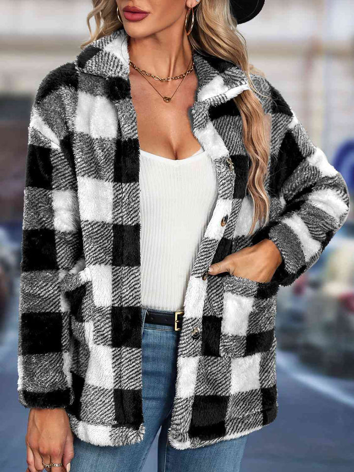 Plaid Button Up Collared Neck Jacket - GemThreads Boutique