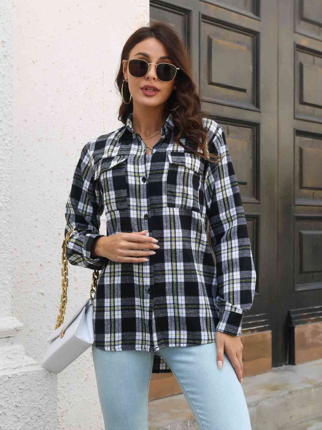 Plaid Collared Neck Buttoned Shirt with Pockets - GemThreads Boutique