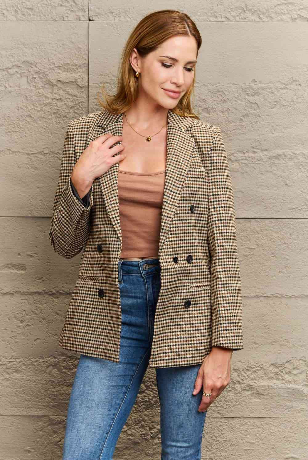 Plaid Double-Breasted Blazer - GemThreads Boutique