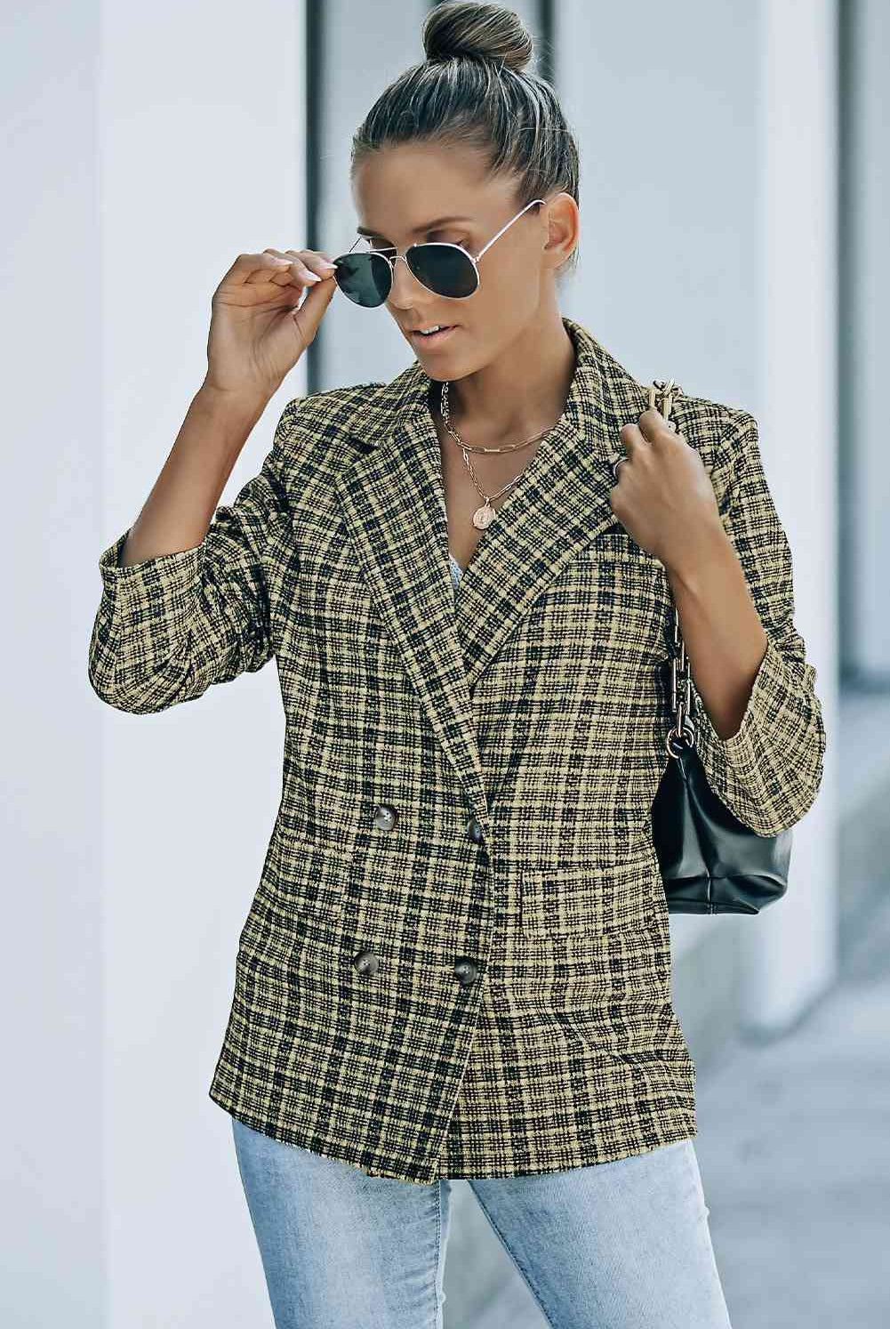 Plaid Double-Breasted Long Sleeve Blazer - GemThreads Boutique