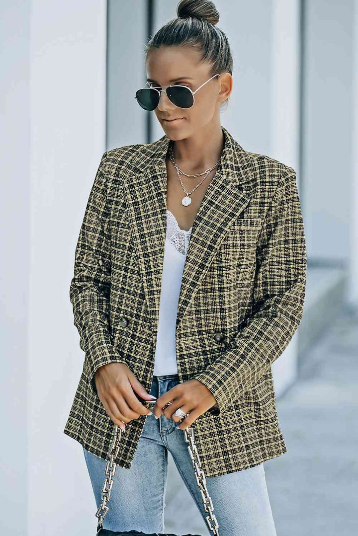 Plaid Double-Breasted Long Sleeve Blazer - GemThreads Boutique