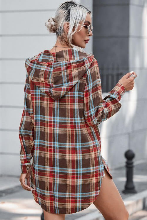Plaid Drawstring Long Sleeve Hooded Dress with Pocket - GemThreads Boutique