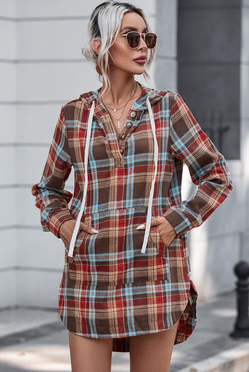 Plaid Drawstring Long Sleeve Hooded Dress with Pocket - GemThreads Boutique