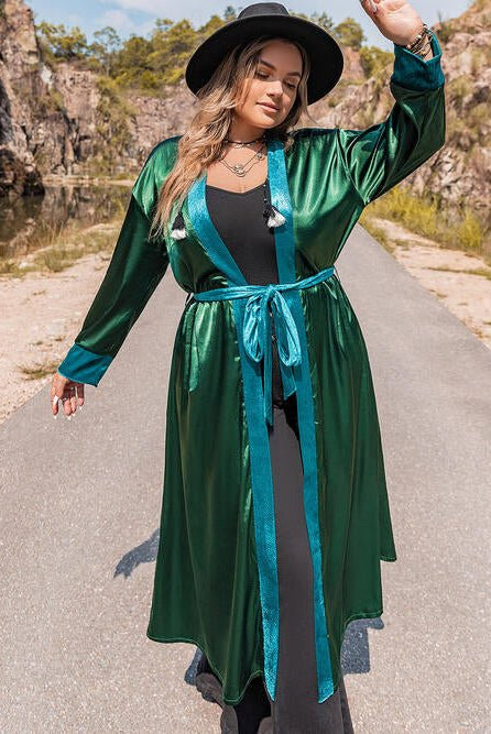 Plus Size Embroidery Contrast Tie Front Long Sleeve Robe - GemThreads Boutique