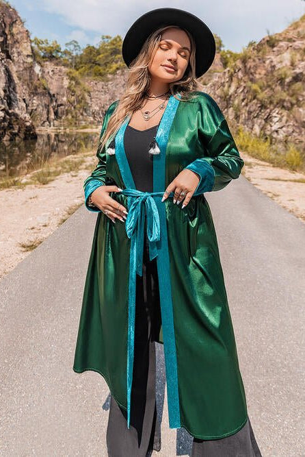Plus Size Embroidery Contrast Tie Front Long Sleeve Robe - GemThreads Boutique