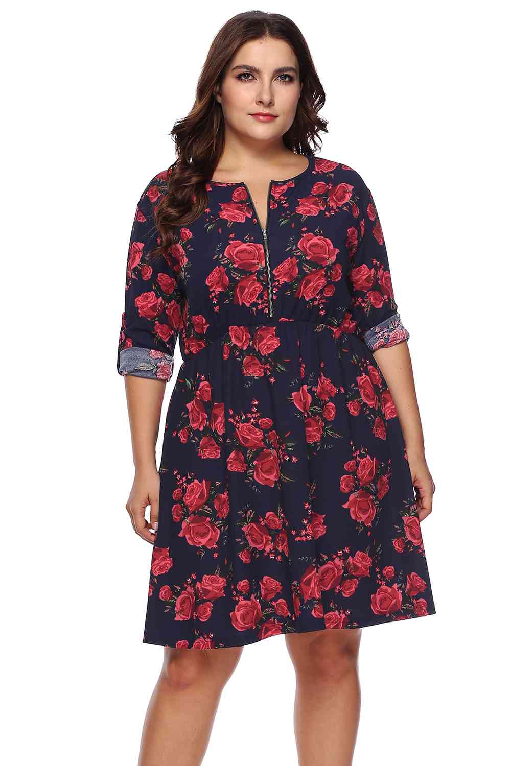 Plus Size Floral Print Half Zip Up Dress - GemThreads Boutique