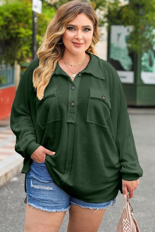 Plus Size Half Button Collared Neck Long Sleeve Blouse - GemThreads Boutique