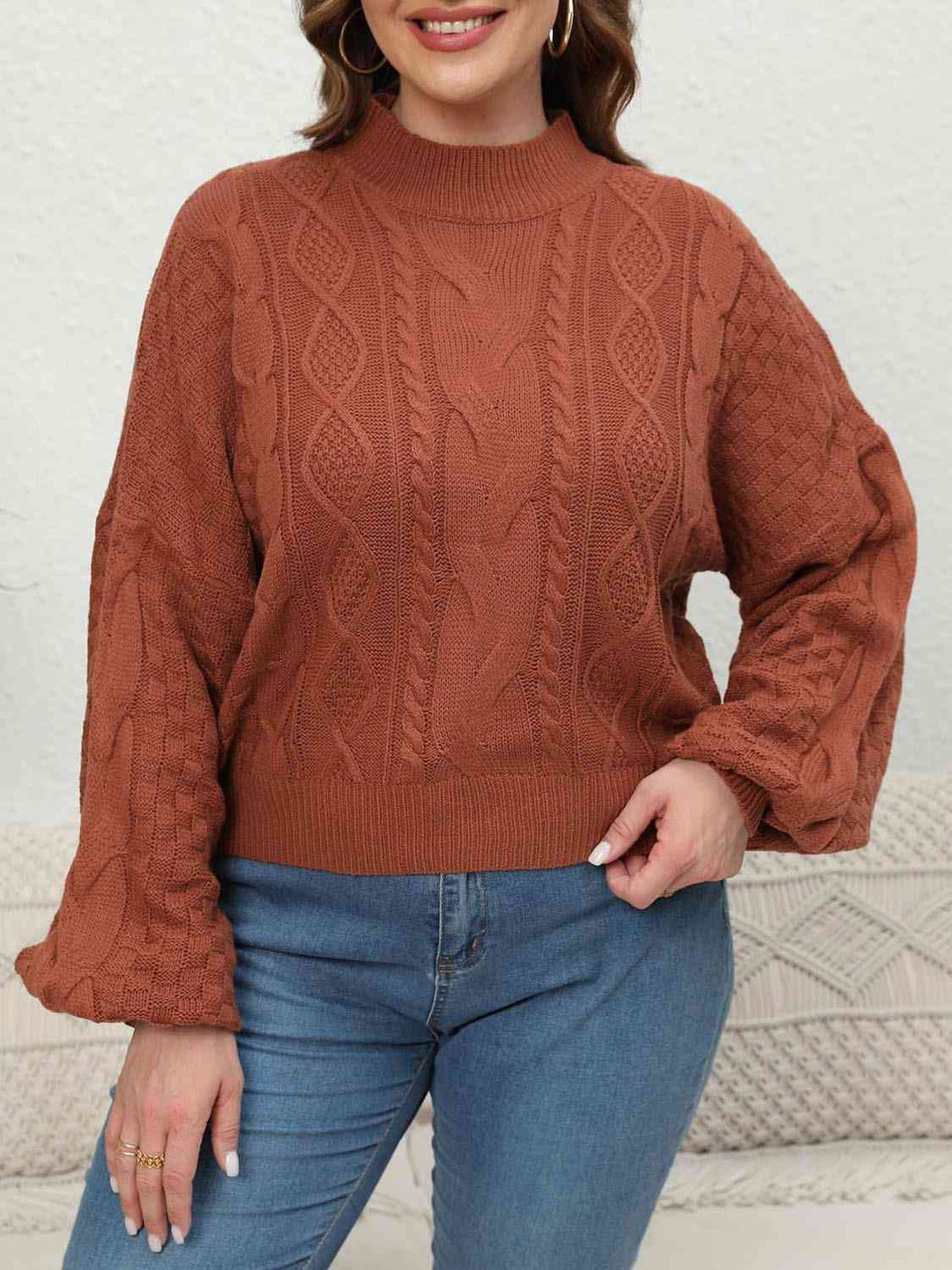Plus Size Mock Neck Cable Knit Long Sleeve Sweater - GemThreads Boutique
