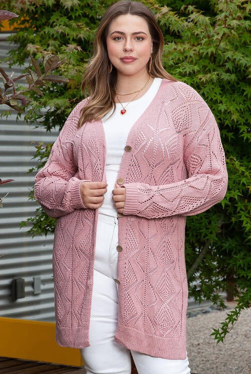 Plus Size Openwork V-Neck Long Sleeve Buttoned Cardigan - GemThreads Boutique