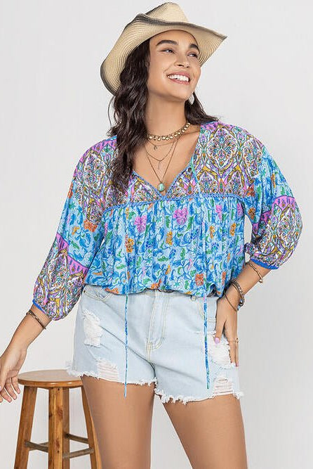 Plus Size Printed Tie Neck Balloon Sleeve Blouse - GemThreads Boutique