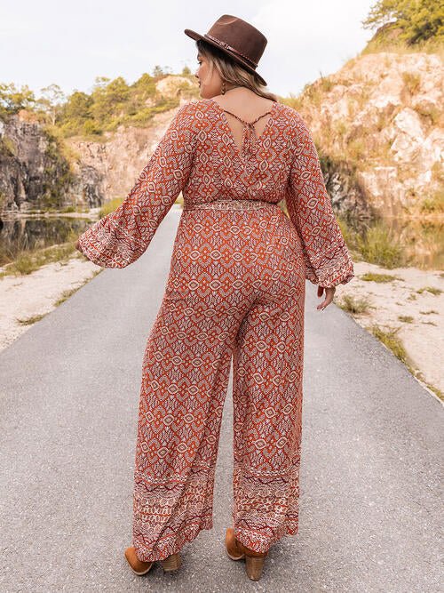 Plus Size Printed V-Neck Tie Front Balloon Sleeve Jumpsuit - GemThreads Boutique