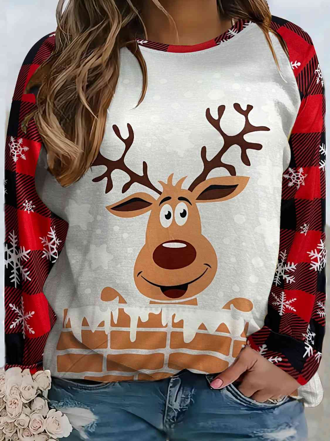 Plus Size Reindeer Graphic Round Neck Long Sleeve T-Shirt - GemThreads Boutique