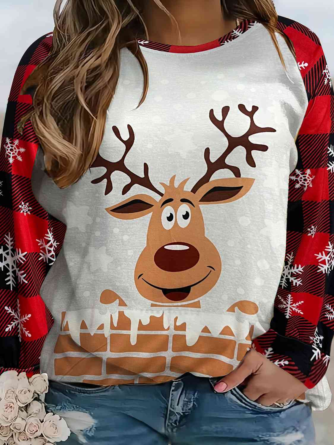 Plus Size Reindeer Graphic Round Neck Long Sleeve T-Shirt - GemThreads Boutique