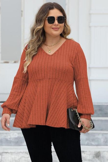 Plus Size Ribbed V-Neck Long Sleeve Blouse - GemThreads Boutique