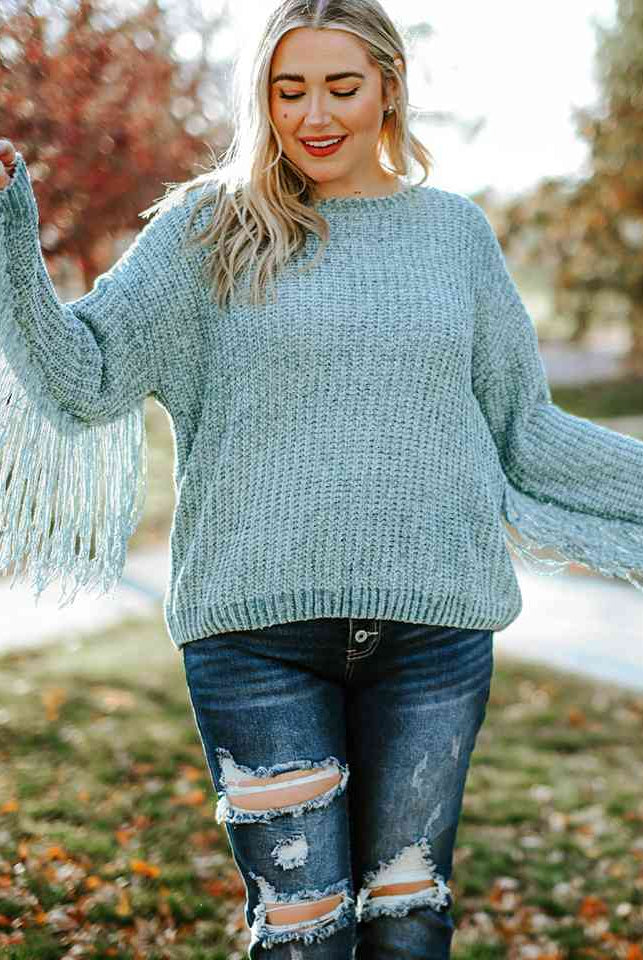 Plus Size Round Neck Long Sleeve Fringe Detail Sweater - GemThreads Boutique