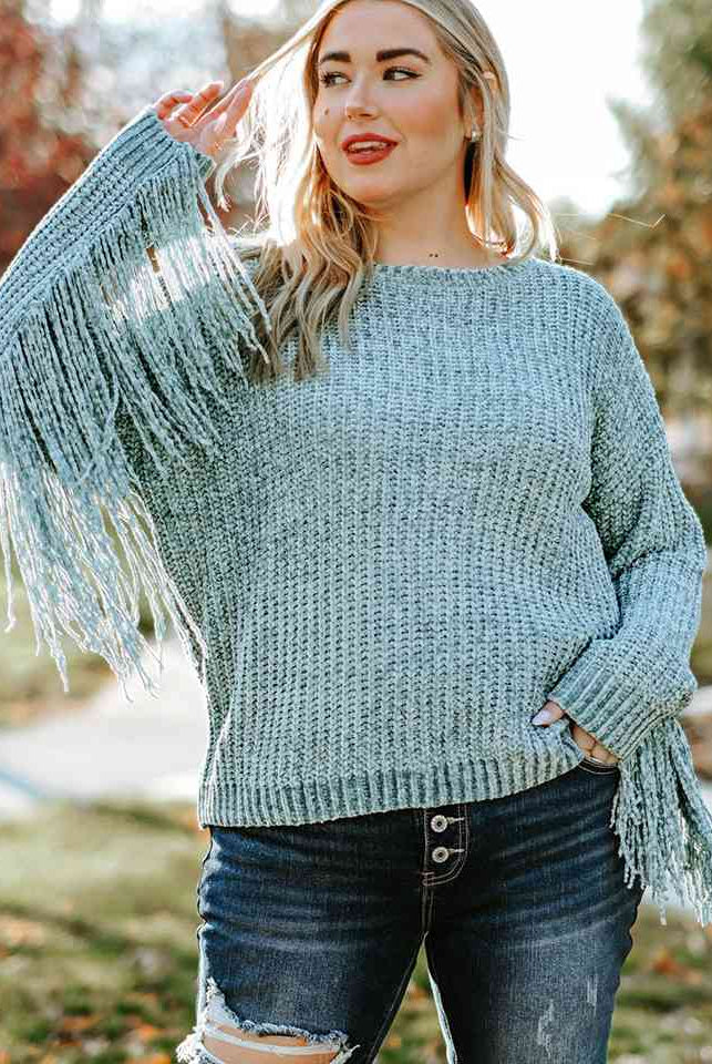 Plus Size Round Neck Long Sleeve Fringe Detail Sweater - GemThreads Boutique