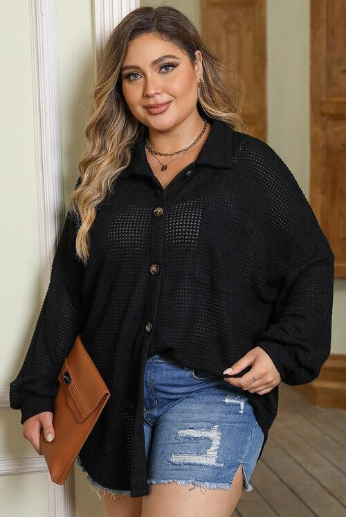 Plus Size Waffle Knit Button Up Collared Neck Shirt - GemThreads Boutique