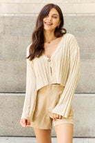 POL Hear Me Out Semi Cropped Ribbed Cardigan in Oatmeal - GemThreads Boutique