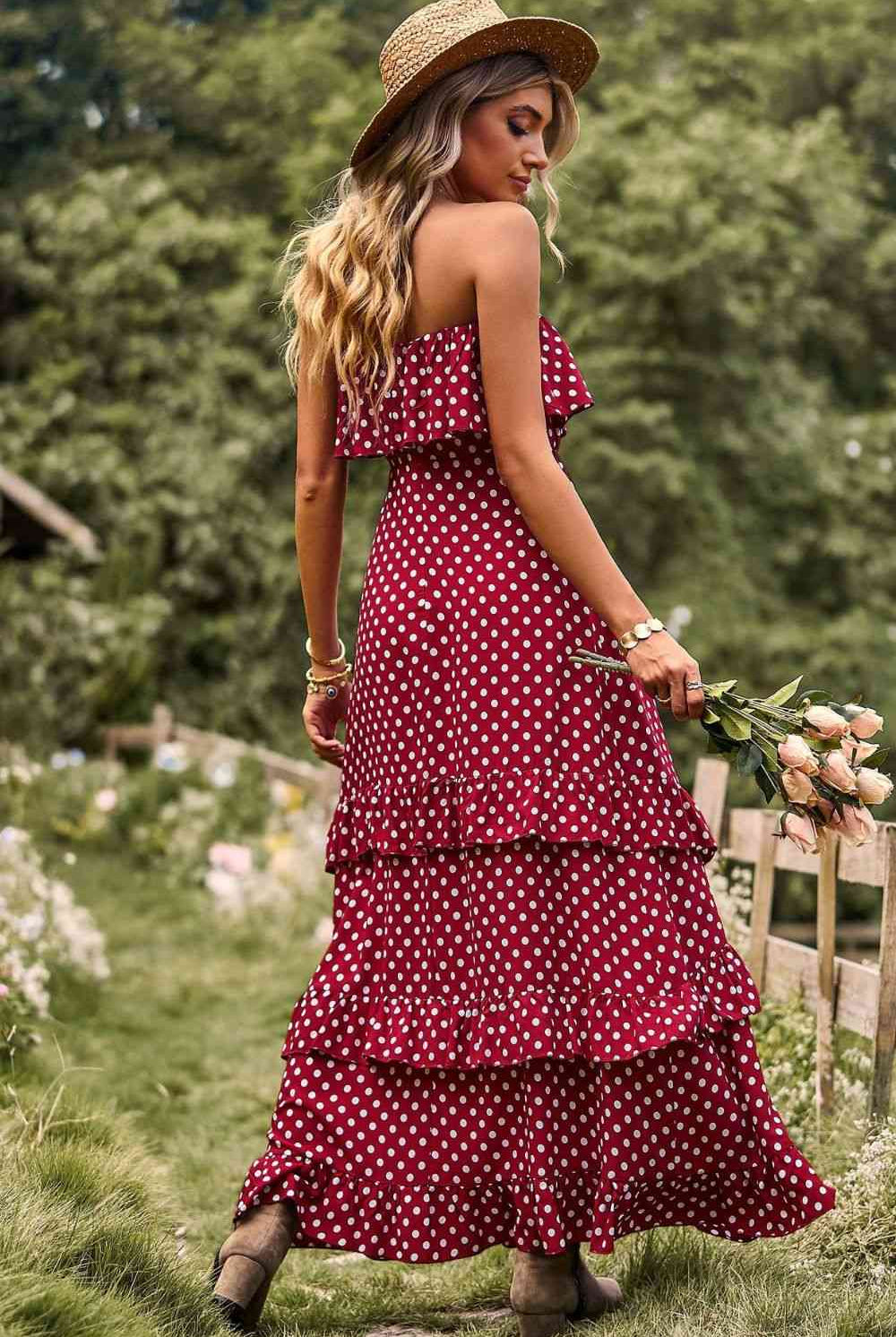 Polka Dot Strapless Slit Ruffled Maxi Dress - GemThreads Boutique
